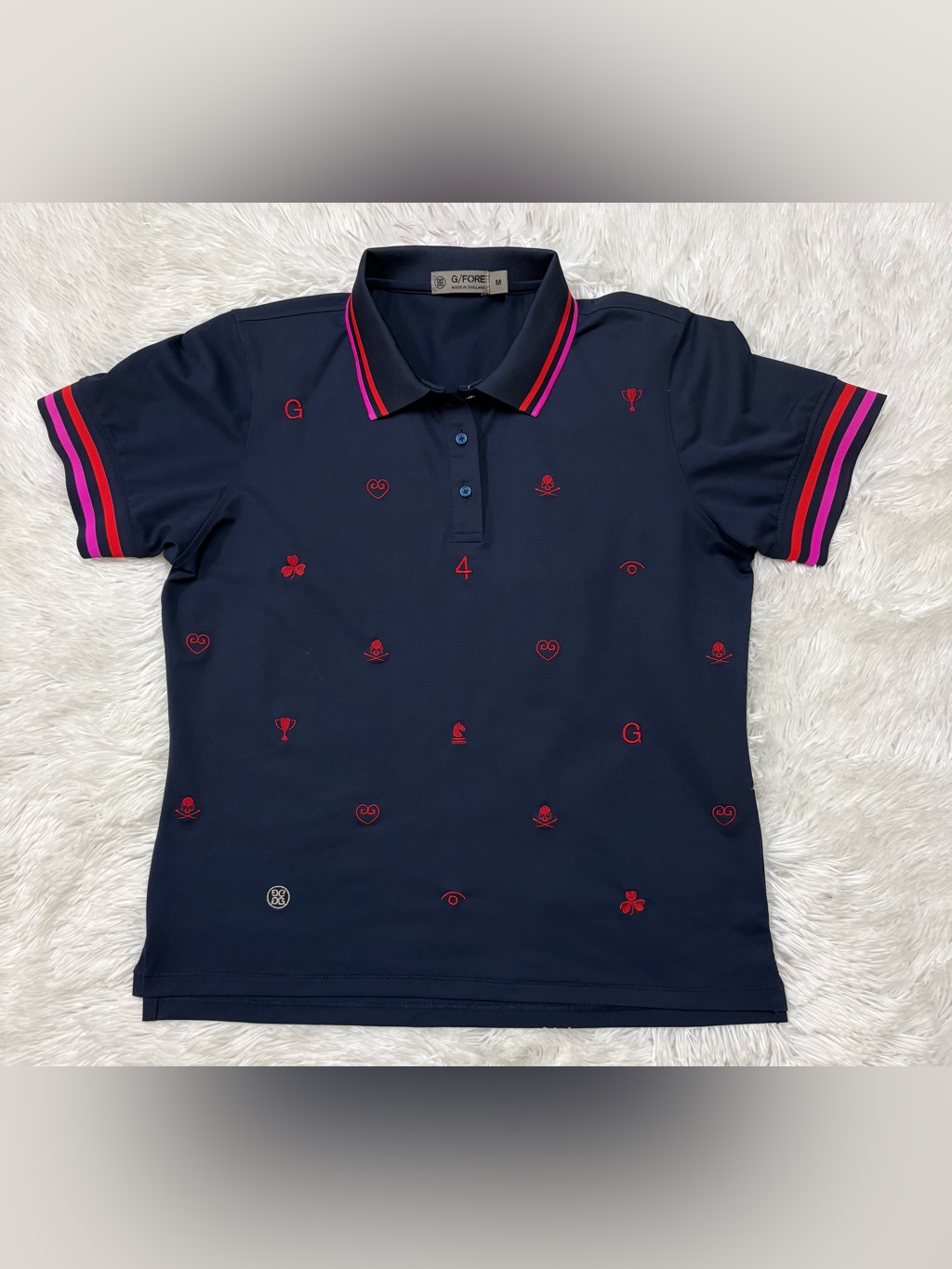 G/Fore Navy Polo With Pink & Red Stripe Collar